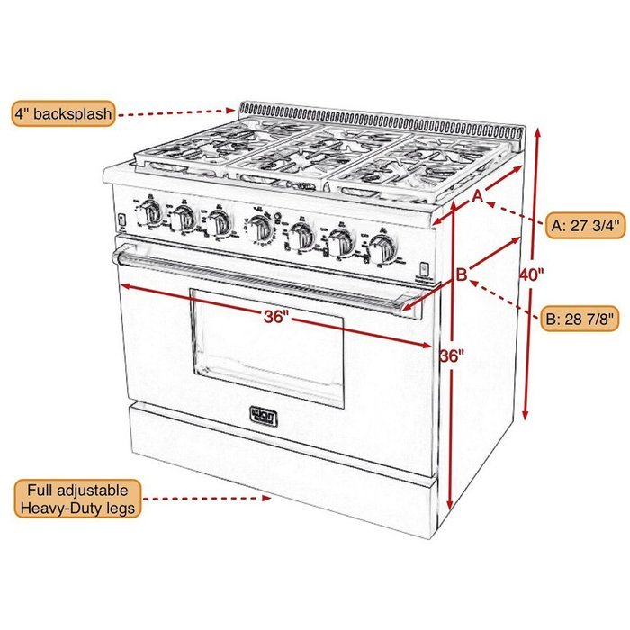 Kucht KRG3618U 36" Professional-Class Gas Range Convection Oven, 6 Top Burners, Blue Porcelain Interior in Stainless... N2
