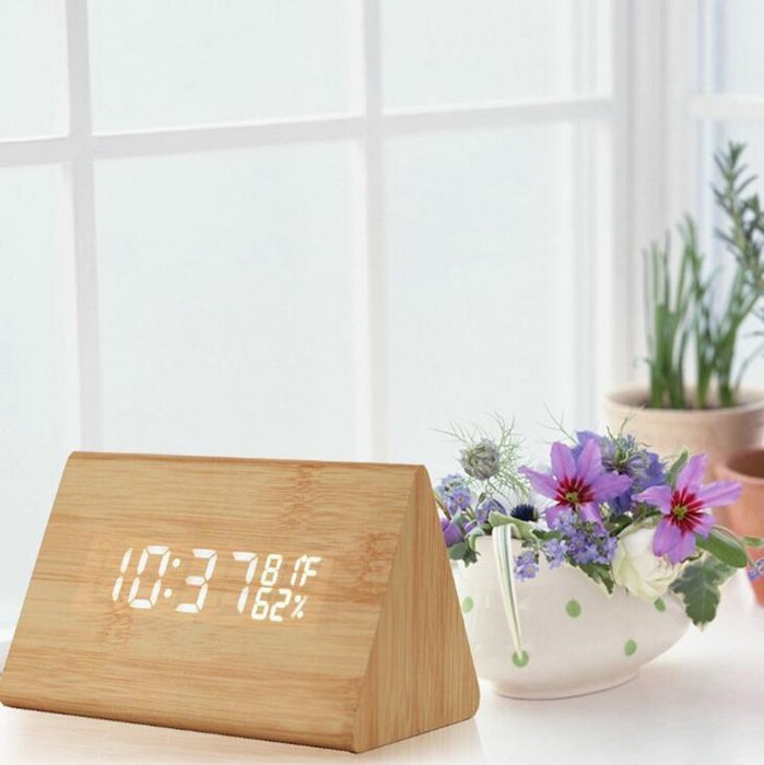 Digital Wood Clock Sound Activated LED Alarm Clock Multi-function Display with Temperature and Humidity (Black-white) N13