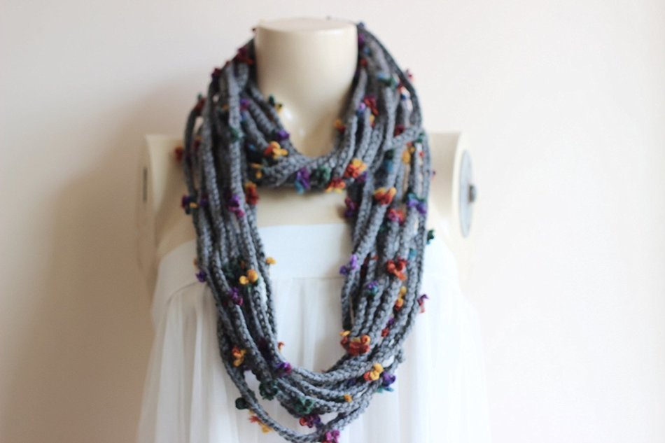 Charcoal Gray Infinity Scarf -Grey Crochet Necklace-Chain crochet scarf with Mustard Flower Pin N3