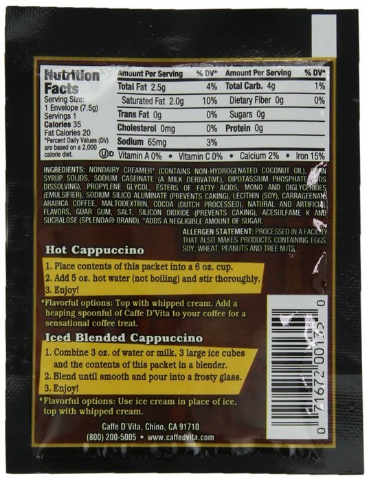 Caffe D'Vita Mocha Cappuccino Sugar Free, 7.5-Gram Single Serve Envelopes (Pack of 24) N27