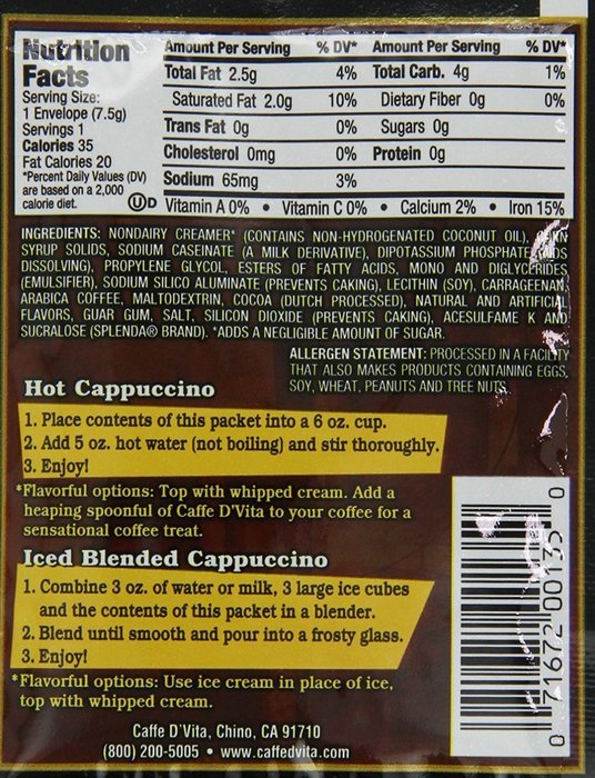 Caffe D'Vita Mocha Cappuccino Sugar Free, 7.5-Gram Single Serve Envelopes (Pack of 24) N28