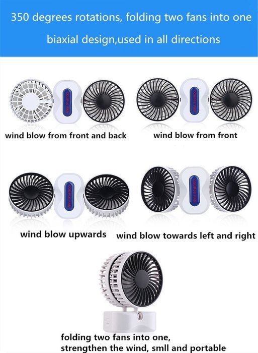 Vchanel USB Charging, 350 Degrees Rotation,2 in 1 Foldable,Portable,Cooling Mini Couple Fan (White) N4