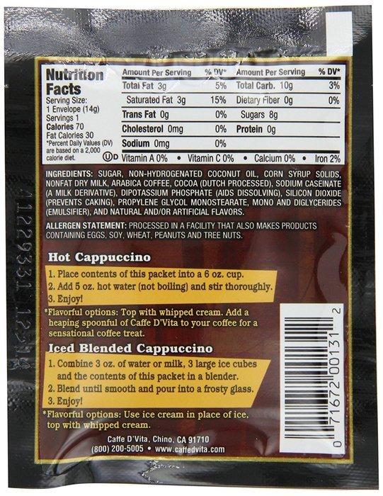 Caffe D'Vita Mocha Cappuccino Sugar Free, 7.5-Gram Single Serve Envelopes (Pack of 24) N33