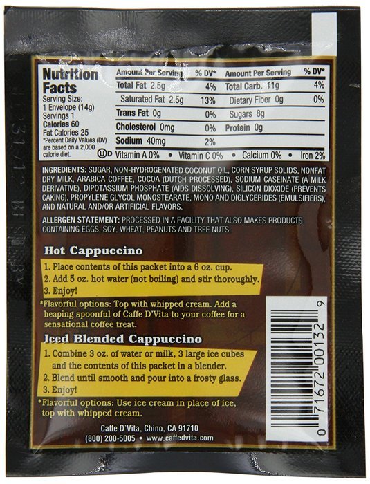 Caffe D'Vita Mocha Cappuccino Sugar Free, 7.5-Gram Single Serve Envelopes (Pack of 24) N37