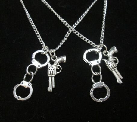 Set of 2 Handcuffs Handgun necklaces, partners in crime best friends, sisters, family fun necklaces