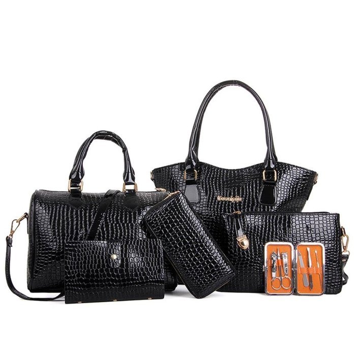 AutumnFall Womens 6 Pcs Shoulder Bags Top-Handle Handbag Tote Purse Set (Black) N4