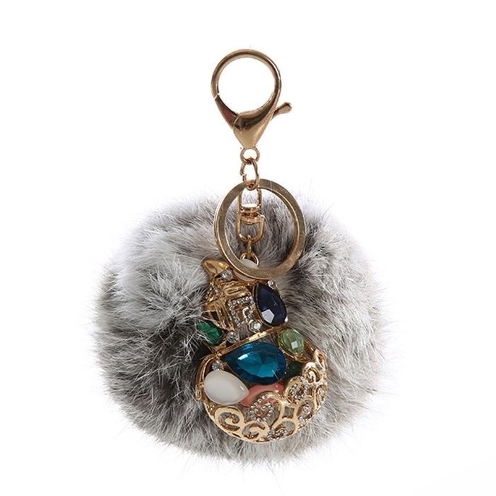 AutumnFall&reg; Rabbit Fur Ball Rhinestone Keychain Bag Plush Key Ring Car Key Pendant (Red) N6