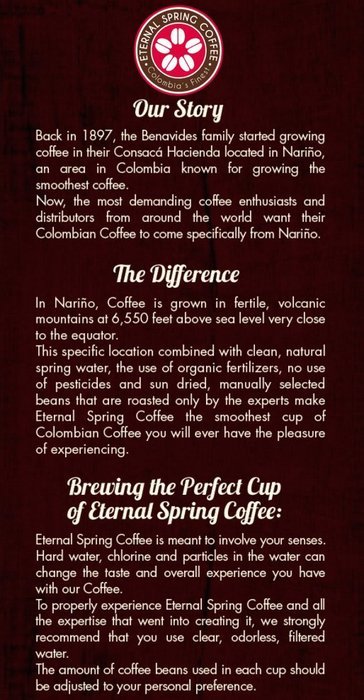 Eternal Spring Coffee Eternal Spring Whole Bean Colombian Coffee &ndash; 17.6 oz N5