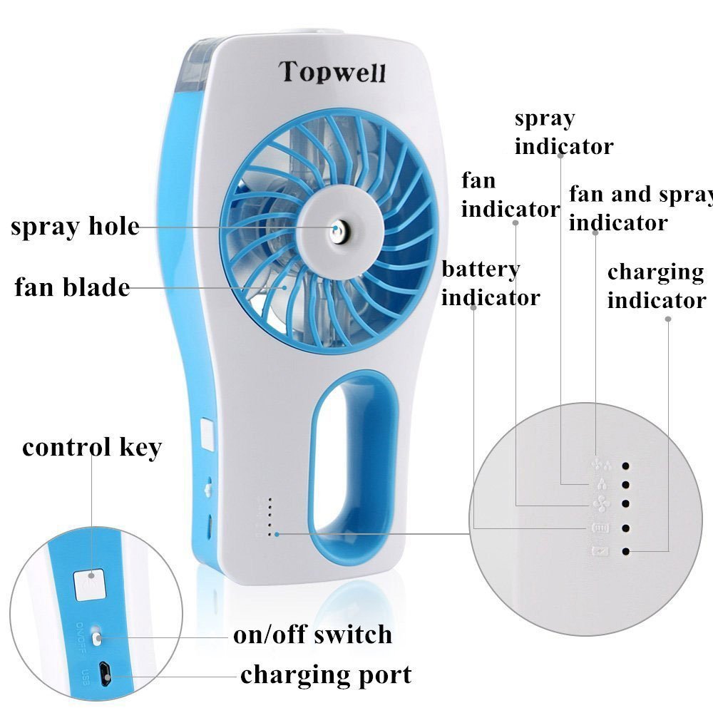 Topwell USB Mini Misting Fan Built-in Rechargeable Misting Fan Handheld ...