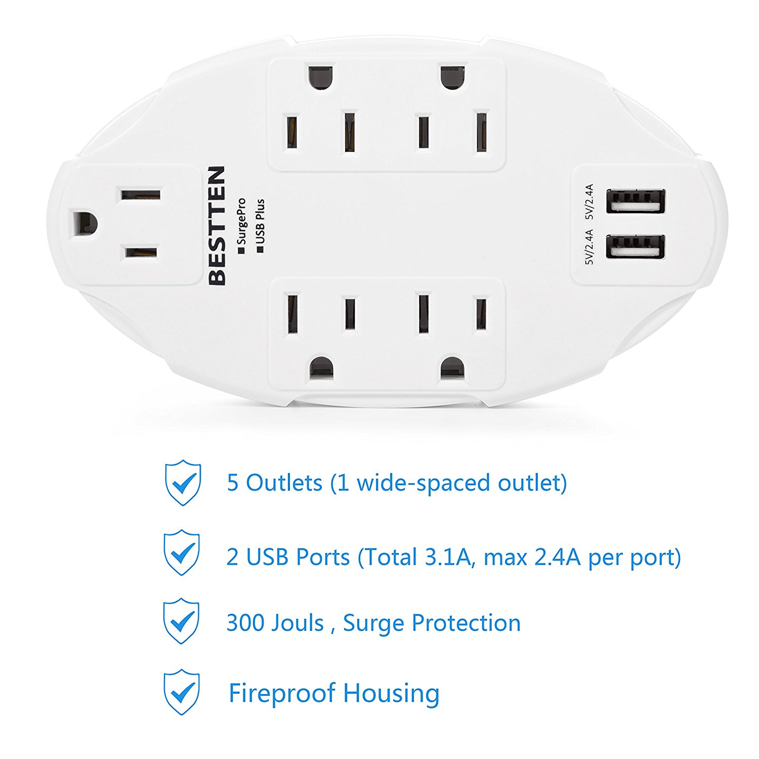 Bestten wall outlet surge protector with usb charging 5 ac outlets 2