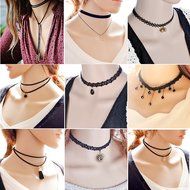 9 PCS Women Girls Classic Black Velvet and Black Stretch Gothic Tattoo and Black Tassel Lace Fashion Choker Collar... N6