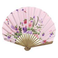 Bamboo Ribs Fabric Blooming Floral Pattern Folding Hand Fan Pink