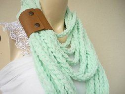 Mint Infinity Scarf-velvet Handmade Loop Scarf -Fringe Knitted Infinity Scarf-extra Long with Leather Cuff N2