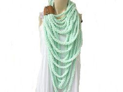 Mint Infinity Scarf-velvet Handmade Loop Scarf -Fringe Knitted Infinity Scarf-extra Long with Leather Cuff N4