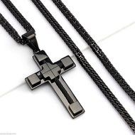 24"men Stainless Steel 6mm Black Double Cuban Chain Necklace Cable Cross Pendant