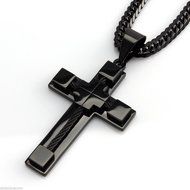 24&quot;men Stainless Steel 6mm Black Double Cuban Chain Necklace Cable Cross Pendant N2