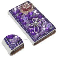 Spritech(TM) PU Leather Wallet Case 3D Handmade Bling Purple Crystal Design Flower Butterfly Decorated Sim Folding...