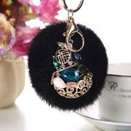 AutumnFall&reg; Rabbit Fur Ball Rhinestone Keychain Bag Plush Key Ring Car Key Pendant (Red) N12