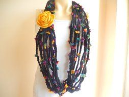 Crochet Infinity Scarf -Black Infinity Scarf -Chain Crochet Scarf with Mustard Flower Pin N2