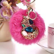 AutumnFall&reg; Rabbit Fur Ball Rhinestone Keychain Bag Plush Key Ring Car Key Pendant (Red) N13