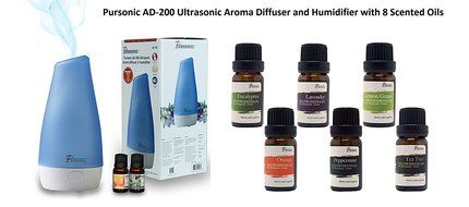 Pursonic AD-200 Ultrasonic Aroma Diffuser and Humidifier with 8 Scented Oils