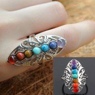 925 Silver Healing Hollow Stones 7 Chakra Adjustable Ring Thumb Reiki Gem Ring