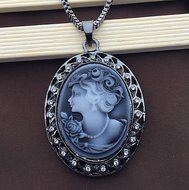 Gunmetal Grey Cameo with Crystal Pendant Box Chain Sweater Necklace