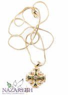 Gold Plated Jerusalem Cross Pendant Necklace Green Tourmaline &amp; Zircon Gems 0.7" N2