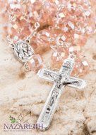 Catholic Light Pink 10mm Crystal Beads Rosary Holy Soil Medal &amp; Silver Crucifix N3