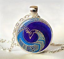 Vintage PEACOCK Cabochon Tibetan silver Glass Chain Pendant Necklace