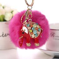 AutumnFall&reg; Rabbit Fur Ball Elephant Keychain Bag Plush Key Ring Car Key Pendant (Red) N7