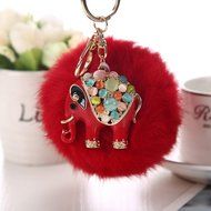 AutumnFall&reg; Rabbit Fur Ball Elephant Keychain Bag Plush Key Ring Car Key Pendant (Red) N8