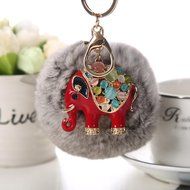 AutumnFall&reg; Rabbit Fur Ball Elephant Keychain Bag Plush Key Ring Car Key Pendant (Red) N9