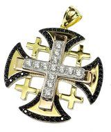 Jerusalem Quality Gold Plated Cross Swarovski Black White Crystals Handmade 1.8&quot;