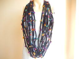 Crochet Infinity Scarf -Black Infinity Scarf -Chain Crochet Scarf with Mustard Flower Pin N3