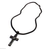 24&quot;men Stainless Steel 6mm Black Double Cuban Chain Necklace Cable Cross Pendant N3