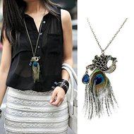 Retro Women Charm Peacock Feather Pendant Long Chain Vintage Sweater Necklace