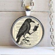 Vintage crow Cabochon Tibetan silver Glass Chain Pendant Necklace N2