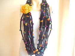 Crochet Infinity Scarf -Black Infinity Scarf -Chain Crochet Scarf with Mustard Flower Pin N4
