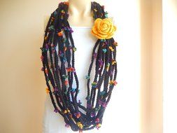 Crochet Infinity Scarf -Black Infinity Scarf -Chain Crochet Scarf with Mustard Flower Pin N5
