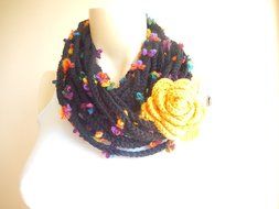 Crochet Infinity Scarf -Black Infinity Scarf -Chain Crochet Scarf with Mustard Flower Pin N6