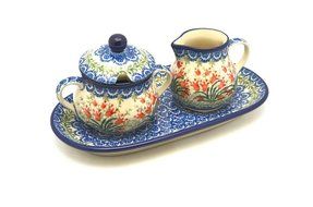 Polish Pottery Cream &amp; Sugar Set - Crimson Bells