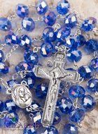 Catholic Blue 10mm Crystal Beads Rosary Holy Soil Medal &amp; Silver Crucifix N3