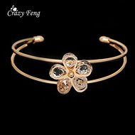 Women Gold Plated Crystal Flower Open Charm Bracelets Bangles Fashion Jewelry