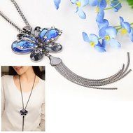 Women's Tassel Necklace Rhinestone Blue Butterfly Pendant Long Chain Dulcet N4