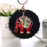 AutumnFall&reg; Rabbit Fur Ball Elephant Keychain Bag Plush Key Ring Car Key Pendant (Red) N12