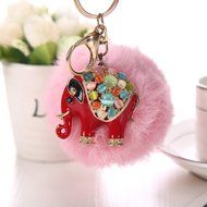 AutumnFall&reg; Rabbit Fur Ball Elephant Keychain Bag Plush Key Ring Car Key Pendant (Red) N13