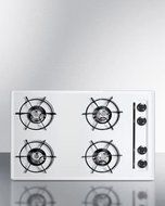 30" wide gas cooktop in white, with four burners and battery start ignition;