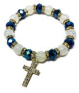 Stretchable Golden Bracelet Deep Blue Crystal Beads &amp; Zircons Cross Jerusalem