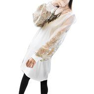 Spritech(TM) Fashion Women's Scoop Neck Long Vintage Puff Sleeve Slim Retro Dress White XXL N12